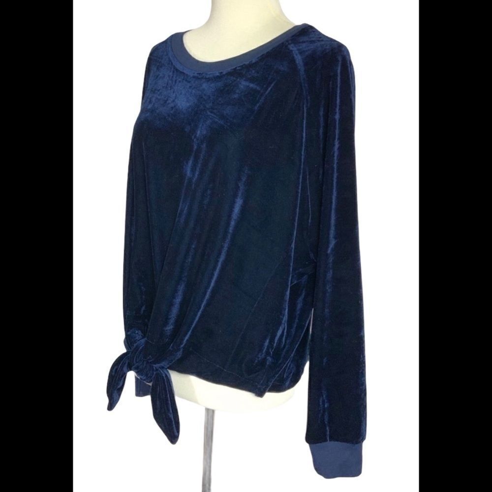 RDI velvet tie front long sleeve blue sweatshirt top size S NWT
